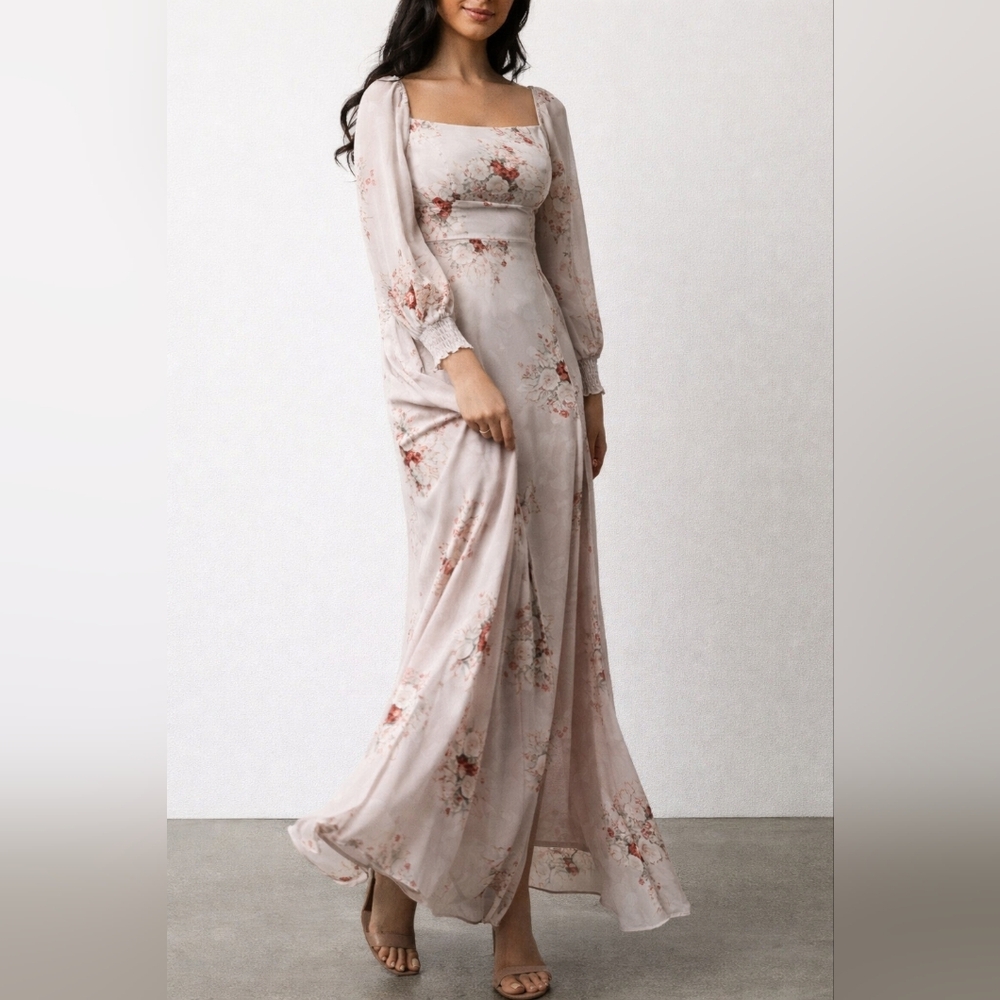 Baltic Born "Giselle" Light Grey Floral Long Sleeve Chiffon Dress With Slit